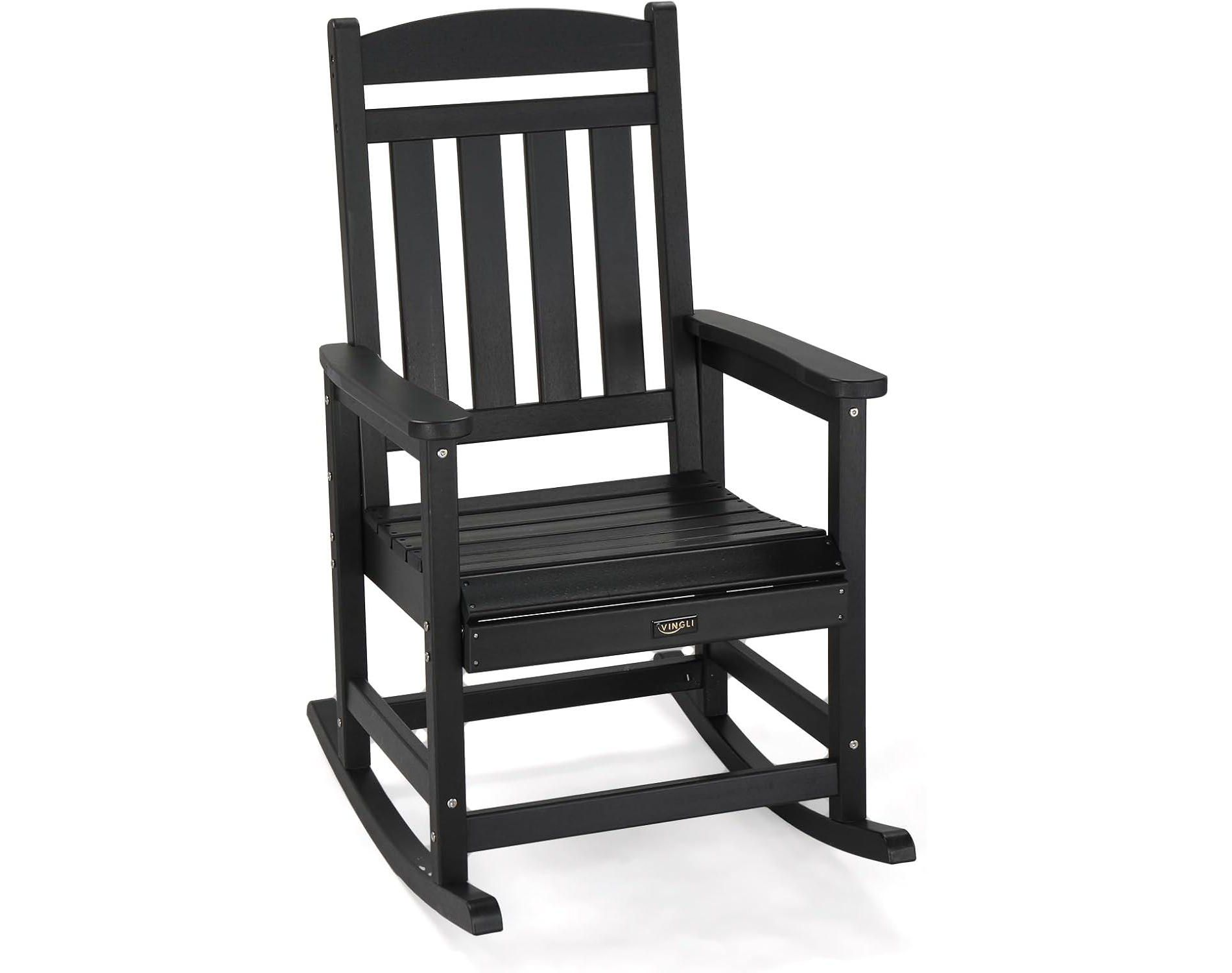 VINGLI Outdoor Rocking Chair, HDPE Rocking Chair with Higher Backrest, All Weather Rocker for Garden, Yard, Balcony, Black