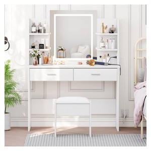 CuisinSmart Makeup Vanity Set, 3 Color Modes Makeup Table with Cushioned Stool, 2 Drawers, Open Shelves, Modern Dressing Table for Bedroom - 1 of 4