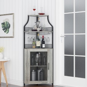 Corner wine rack, 5-layer shelf with removable wine rack, bar cabinet with glass rack, small dining cabinet and buffet cabinet with mesh door - 1 of 4