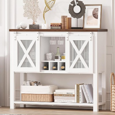 46.5" Farmhouse Sideboard Cabinet with Storage, Coffee Bar Table with Sliding Barn Metal Mesh Door, Kitchen Storage Sideboard, White and Brown