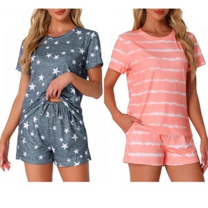 INSPIRE CHIC Women's 2Pcs Pajama Set Round Neck Short Sleeve Top and Drawstring Shorts Loungewear Set - 1 of 4