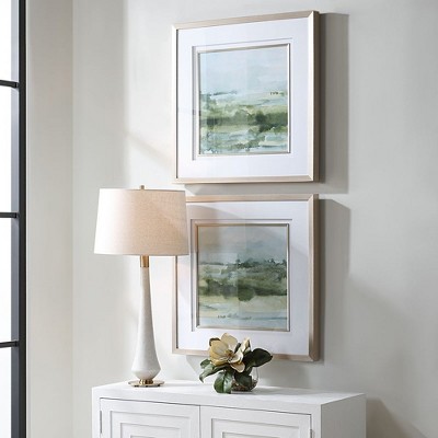 Soft Sage Abstract Landscape Prints with Champagne Gold Frame