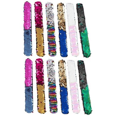 Juvale 12-Pack Mermaid Reversible Sequin Slap Bracelets Snap Charm Wristbands 8" Party Supplies