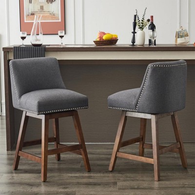 GustoWave 26 Inch Bar Stools Set of 2, Swivel Counter Stools, Linen Fabric Upholstered Barstools with Footrest, Modern Bar Stool, Gray