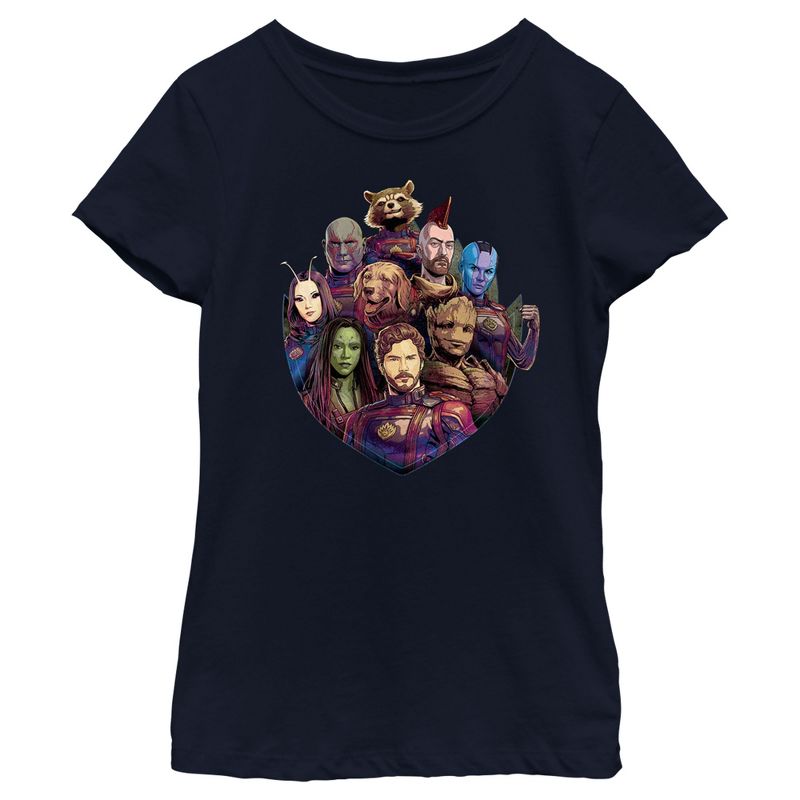 Girl's Guardians of the Galaxy Vol. 3 Group Badge T-Shirt, 1 of 5
