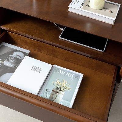 Walnut Mid-Century Modern 2-Drawer Nightstand with Open Shelf