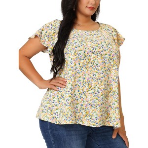 Agnes Orinda Women's Plus Size Floral Ruffle Short Sleeve Chiffon Round Neck Casual Summer Blouses - 1 of 4