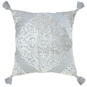 HomeRoots 18" Silver And Gray Medallion Viscose Throw Pillow Cover with Tassels - 1 of 4