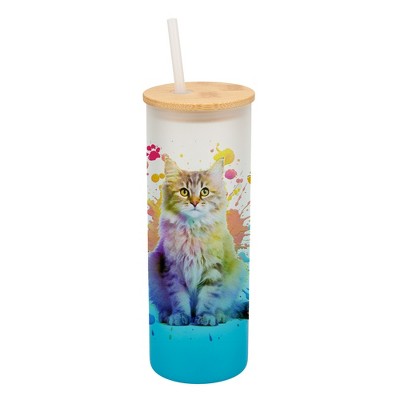 100 North 25 Ounce Frosted Glass Gradient Travel Tumbler With Straw & Wooden Lid, Maine Coon Cat Paint Splatter Sky Blue