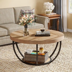 Kumasinova Round 2-Tier Coffee Table with Thickened MDF Top&Storage,Modern Accent Cocktail Table with Black Metal Top for Living Room,Natural - 1 of 2