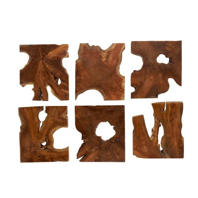 Set of 6 Teak Wood Abstract Handmade Live Edge Wood Slab Wall Decors Brown - Olivia & May: Nautical Coastal Beach Style, Vertical Carvings