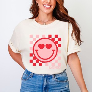 S.W.Smiley Checkered Heart Eyes Smiley - Women's Garment Dyed Graphic T-Shirt - 1 of 4