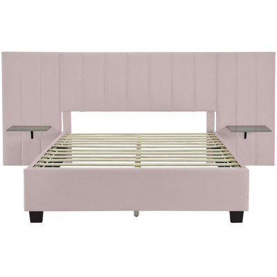 HomeRoots Pink Tufted Velvet Upholstered Lighted Queen Bed Frame