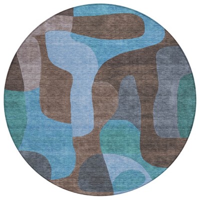 HomeRoots 8' Brown And Blue Round Abstract Washable Indoor Outdoor Area Rug