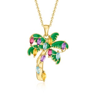 Ross-Simons 1.60 ct. t.w. Multi-Gemstone and Green Enamel Christmas Palm Tree Pendant Necklace in 18kt Gold Over Sterling Size 18 - 1 of 3