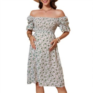 Clearlove Women's Floral Print Square Neck Shirred Puff Sleeve Maternity Dress Nursing Friendly Bump Flowy Maxi - 1 of 4