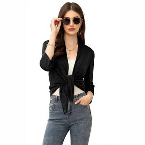 Coolmee Women's Casual 3/4 Sleeve Tie Open Front Cardigans Sheer Draped Ruffles Cardigan - 1 of 4