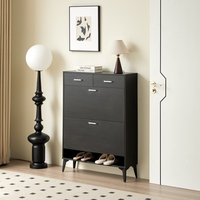 VYNXARIA Large size Shoe Cabinet,Free Standing Tipping Bucket Shoe Rack Organizer with 2 Flip Drawers&2 Drawer for Entryway, Hallway, Bedroom,Black