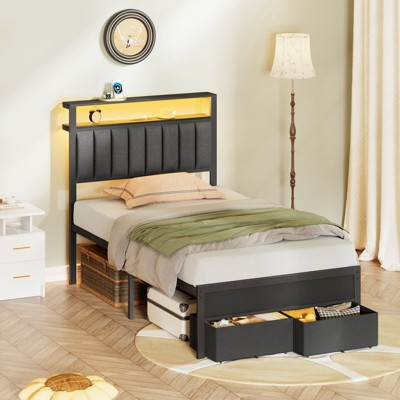 Furnulem Twin Bed Frames with Charging Station and LED Lights, Grey Upholstered Headboard with Shelves