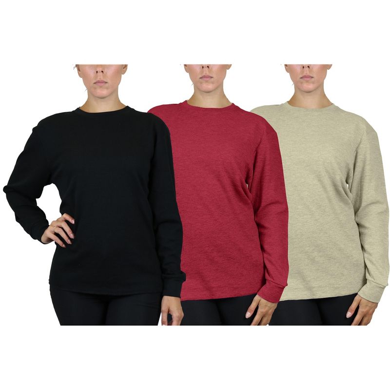 Galaxy By Harvic Women's Loose Fit Waffle Knit Thermal Shirt-3 Pack, 1 of 3