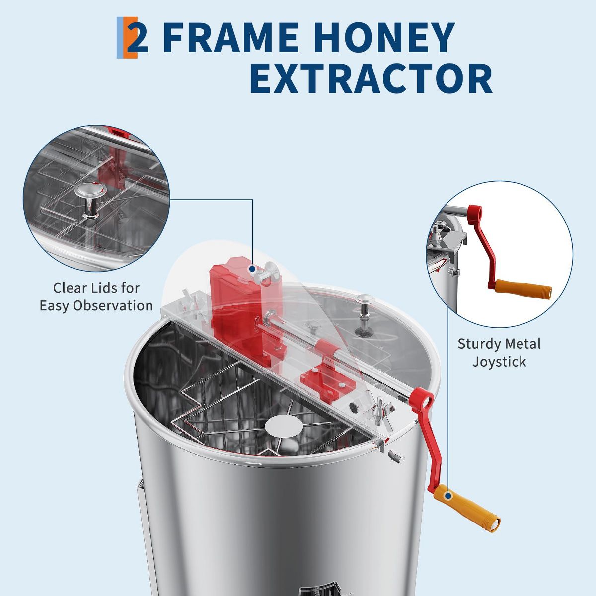 2/4 Frame Manual Honey Extractor, Stainless Steel Beekeeping Spinner with Adjustable Height Stand, Clear Lid, Fits 4 Deep Medium Shallow Frames - thumbnail 7