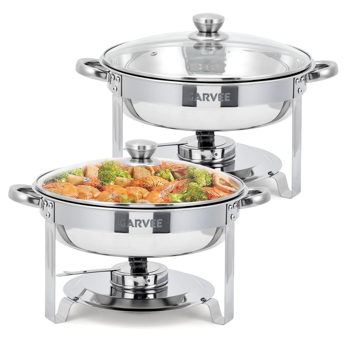 5 QT Round Chafing Dishes for Buffet, Stainless Steel Food Warmer Set with Glass Lid, Food & Water Pans, Fuel Holder for Weddings Parties Catering