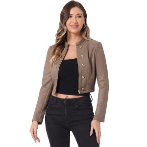 Allegra K Women's Stand Collar Zip Up Faux Suede Cropped Jacket - 1 of 4