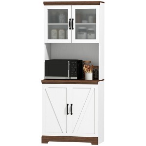 70" Farmhouse Pantry Cabinet, Kitchen Hutch Storage Cabinet with Glass Doors, Adjustable Shelves, Open Microwave Countertop - 1 of 4