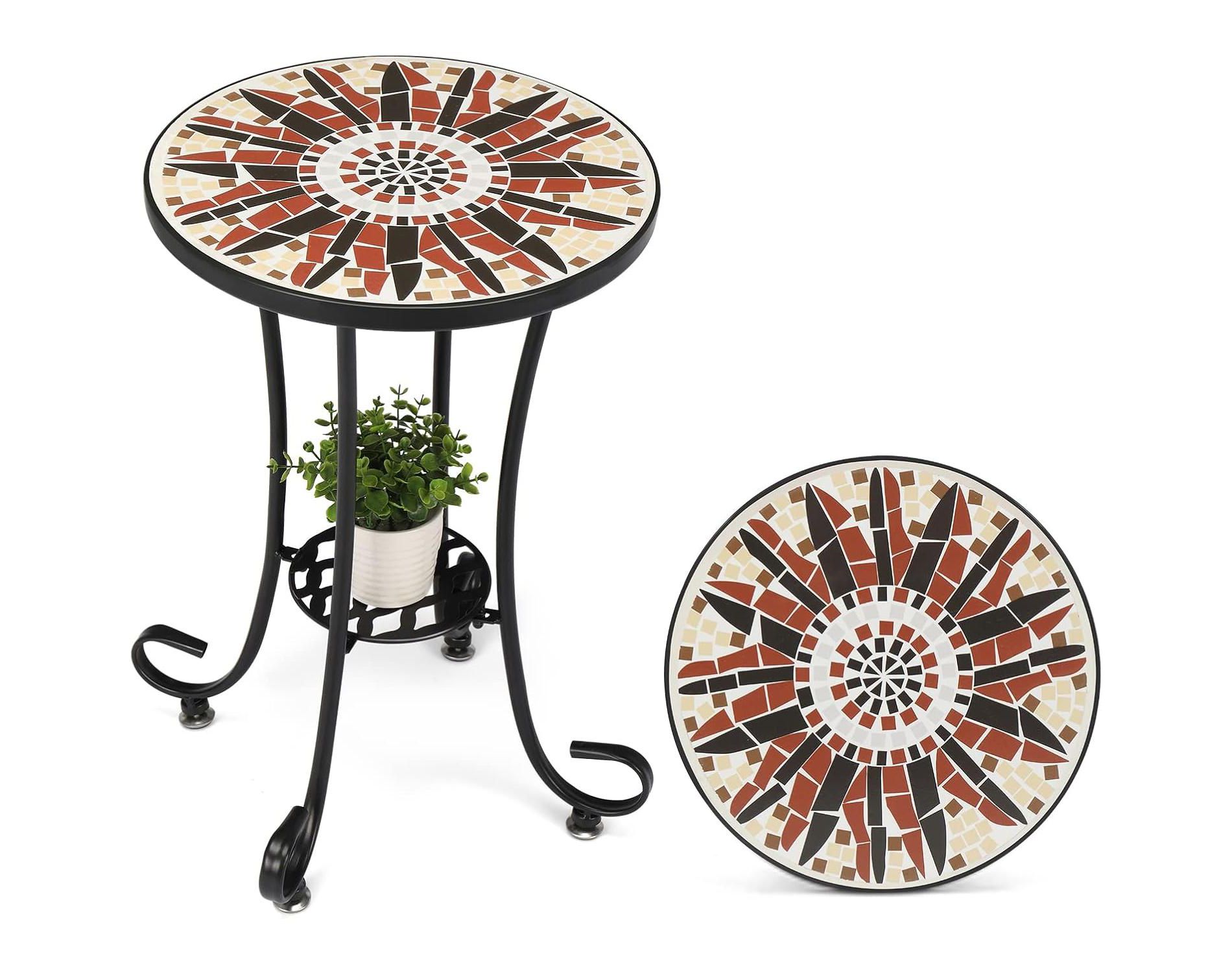 VINGLI Mosaic Outdoor Side Table, 14" Round End Table, Accent Table, Ceramic Tile Top Black Iron,Brown Flower