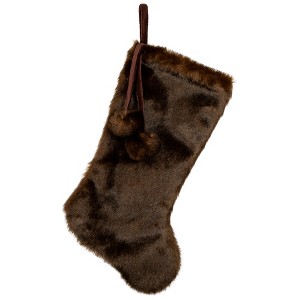 Northlight Mink Faux Fur Christmas Stocking with Pom Poms - 20.5" - Brown - 1 of 4