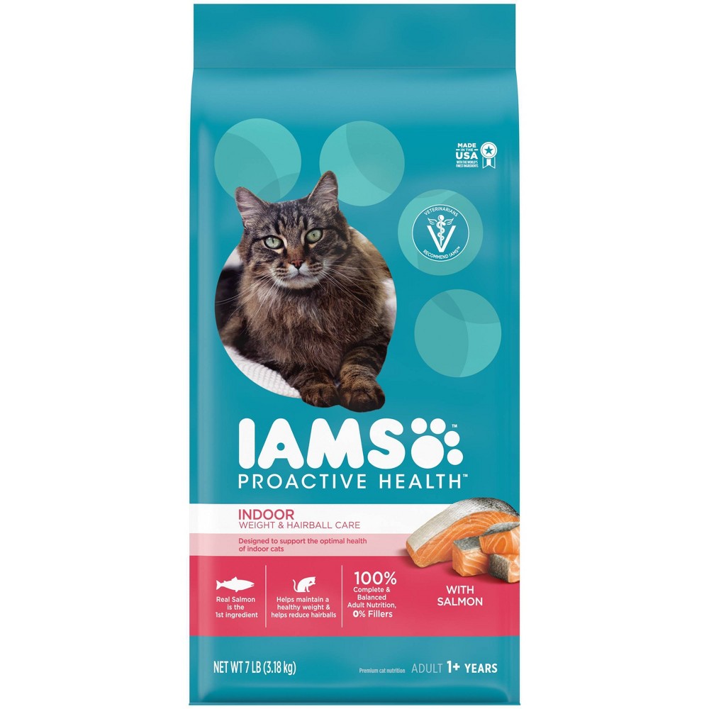 IAMS PROACTIVE HEALTH Adult Indoor Weight & Hairball Care Dry Cat Food with Salmon, 7 lb. Bag. Best By 11/17/2024