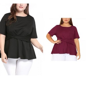 Women's Plus Size 2 Piece Twisted Knot Front Short Sleeves Crew Neck Solid Casual Peplum Blouses - Agnes Orinda - 1 of 4