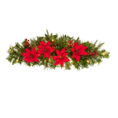 3' Feel Real® Colonial Mantel Swag with Red Poinsettia, Red Berries & 50 Warm White Battery Operated LED Lights w/Timer