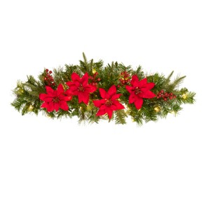 3' Feel Real® Colonial Mantel Swag with Red Poinsettia, Red Berries & 50 Warm White Battery Operated LED Lights w/Timer - 1 of 1