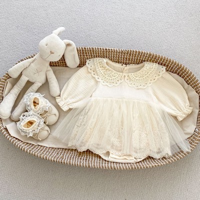 MyKids-Usa Autumn Arrival Baby Girls Knitted Long Sleeves Solid Color Floral Embroidered Tulle Patchwork Bodysuits Onesies Dress