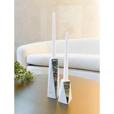 Anaya Iridescent White Marble 8" Tabletop Candlestick Holder