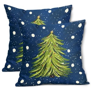 Blue Christmas Pillow Covers 18X18 Inch Set of 2 Watercolor Green Xmas Tree - 1 of 4