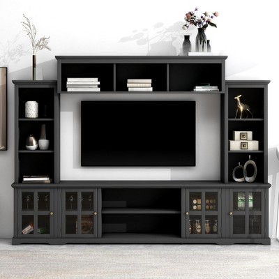 CAVINAS Minimalism Entertainment Wall Unit with Bridge Modern TV Stand with Tempered Glass Door for TVs Up to 70"