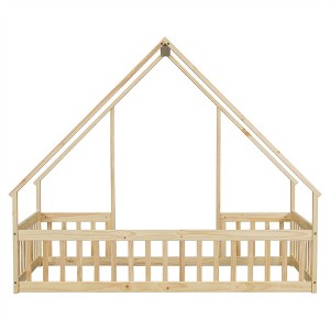 COWLOWN Twin Wood House-Shaped Floor Bed with Fence Guardrails, Play & Sleep Bed for Kids - 1 of 4