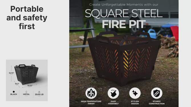 Four Seasons Courtyard 19" Steel Wood Burning Fire Pit Flat Square Outdoor Backyard Patio or Deck Fireplace with Spark Cover and Firewood Poker, Black, 2 of 8, play video