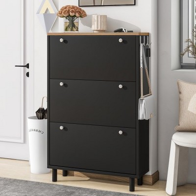 Narrow Design Free Standing Shoe Cabinet with 3 Flip Drawers, Wood Grain Pattern Top Entryway Organizer with 3 Hooks and Adjustable Panel