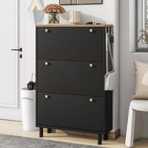 Narrow Design Free Standing Shoe Cabinet with 3 Flip Drawers, Wood Grain Pattern Top Entryway Organizer with 3 Hooks and Adjustable Panel - 1 of 4