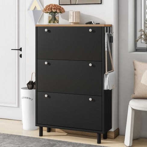 Narrow Design Free Standing Shoe Cabinet with 3 Flip Drawers, Wood Grain Pattern Top Entryway Organizer with 3 Hooks and Adjustable Panel - image 1 of 4