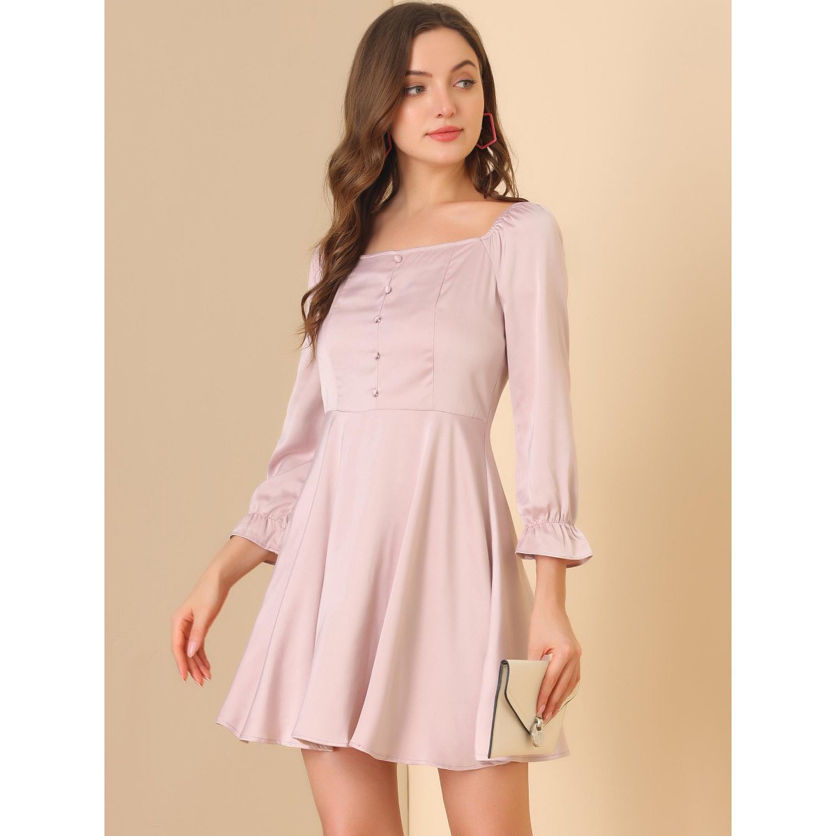 Женские платья INSPIRE CHIC Women's Satin Mini Square Neck Fit and Flare Dresses X-Large Pink — фото 2
