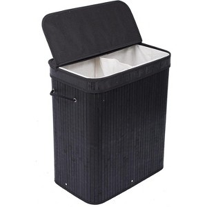 BirdRock Home Bamboo Double Laundry Hamper with Lid and Cloth Liner - Black - 1 of 4