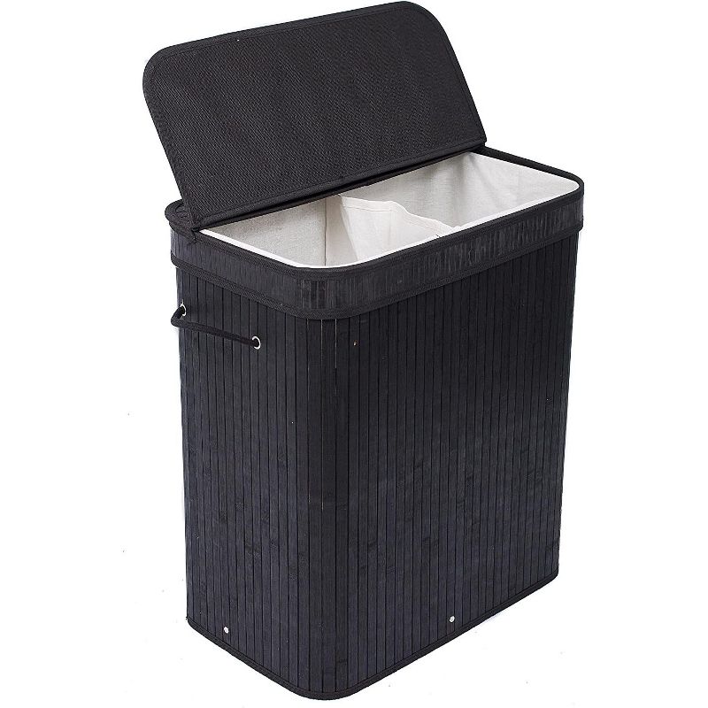 BirdRock Home Bamboo Double Laundry Hamper with Lid and Cloth Liner - Black, 1 of 6