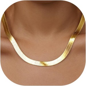 14K Gold/Silver Plated Herringbone Necklace for Women, Dainty Layered Choker Non-Tarnish - 1 of 4