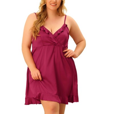 Women's Plus Size Satin Ruffle Trim Sleeveless Spaghetti Strap Pleated Soft Nightgowns - Agnes Orinda 4X Burgundy
