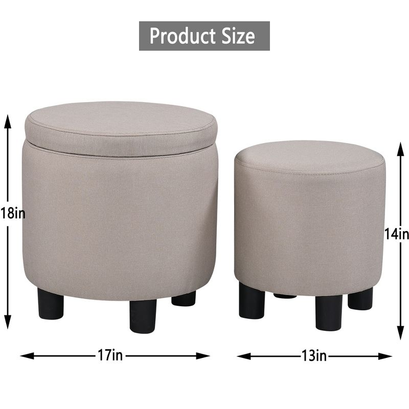 Home Decor Upholstered Round Fabric Tufted Footrest 1+1 Ottoman with Storage - ModernLuxe, 3 of 7