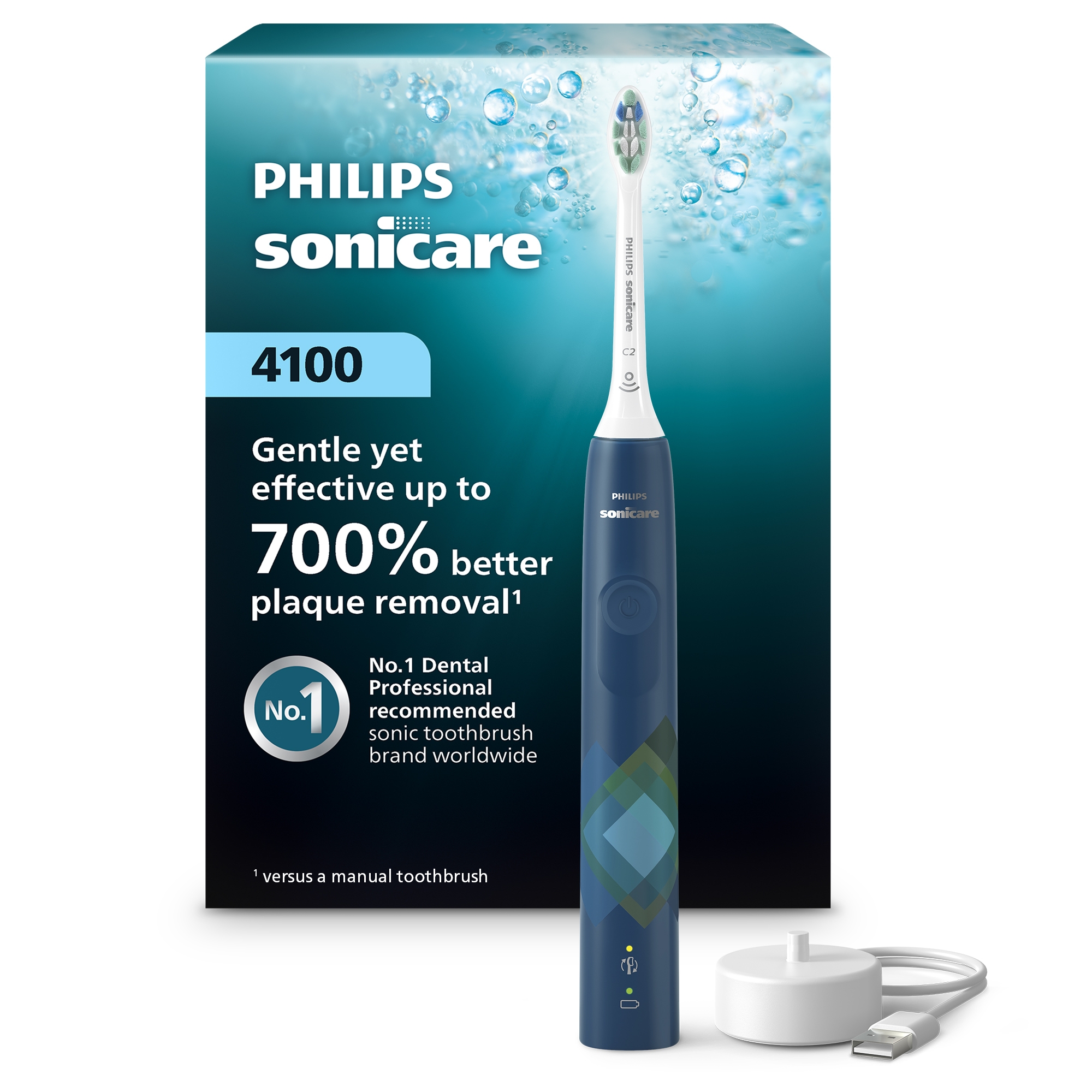 Philips Sonicare 4100 Plaque Control Rechargeable Electric Toothbrush Model HX3689/22 with Brush Timer and Brush Head - Navy